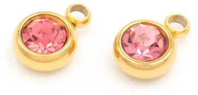 Produktbild von Vintageparts Anhänger mit Strassstein rosa Edelstahl goldfarben 8 mm für Ketten und Armbänder, 2 Stück