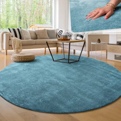 Produktbild von Moderner Wohnzimmer Teppich Kurzflor Waschbar Weich Einfarbig Felloptik Anti-Rutsch Grösse 160 cm Rund