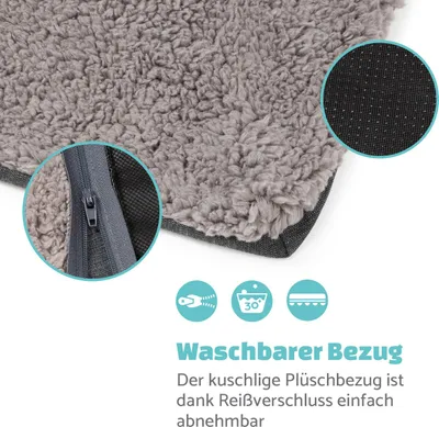 Close-up of a gray plush dog bed cover, showing a zipper detail and a non-slip bottom. Icons and text highlight features like washability and a removable cover.