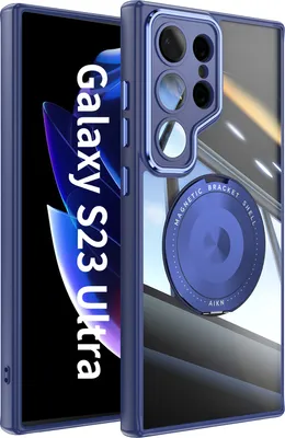 Produktbild von Handyhülle für Samsung Galaxy S23 Ultra Transparent Militärschutz mit Magnetring Ständer und Kameraabdeckung Blau