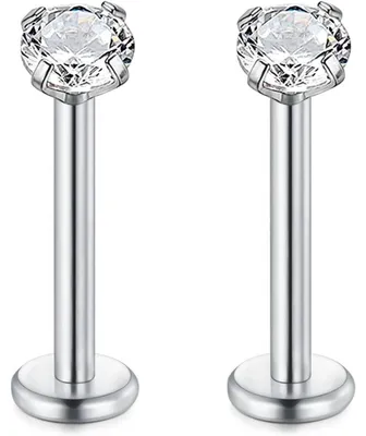 Produktbild von Chirurgenstahl Lippenpiercing Stud 16G 1.2x10mm mit Zirkon 3mm 2 Stück Silber Innengewinde Labret Tragus Helix Ohrringe Schmuck für Damen Herren