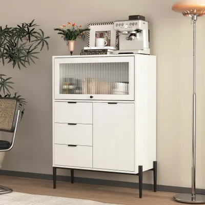 Produktbild von Sideboard mit 3 Schubladen, 1 Tür und 1 Glastür, Holzschrank mit Stauraum für Küche, Esszimmer, Flur, 85 x 40 x 120 cm