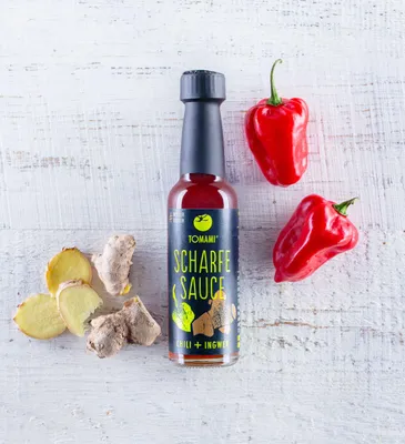 Produktbild von TOMAMI Scharfe Sauce CHILI+INGWER (90 ml)・Habanero-Chilisauce mit Ingwer・Feurig, zitronig, pfeffrig