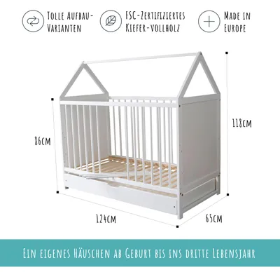 Image de Lit bébé lit d'appoint lit d'enfant et lit d'appoint en un - 120x60 blanc avec tiroir et matelas, réglable en hauteur et transformable