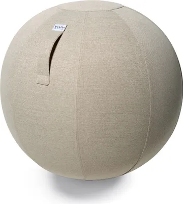 A light brown, fabric-covered exercise ball is shown against a white background.