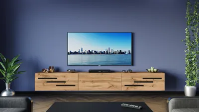 TV Schrank 300 cm Eiche Wotan mit Schwarze Kurze Zierleiste