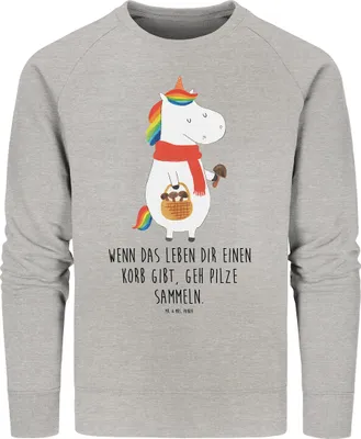 Produktbild von Mr. & Mrs. Panda Baumwoll Pullover Einhorn Pilz Größe S - Heather Grey - Geschenk, Sweatshirt, Liebeskummer, Unicorn, Pulli, Einhörner, Spruch, Pilze, Sweater