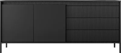 Produktbild von Schwarzes Sideboard – Skandinavische Kommode 187x81x40 cm – Sideboard mit 2 Türen & 3 Schubladen – Push to Open – Gefräste Front & Metallfüße – Design – CINDY Set