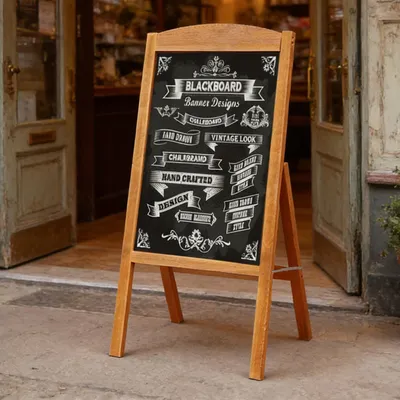 Immagine prodotto di FATIVO Lavagna da esterno in legno: Espositore pieghevole con lavagna magnetica, supporto pubblicitario 42,5×90 cm, marrone chiaro