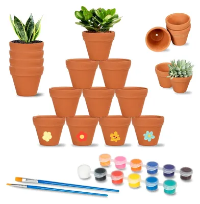 Produktbild von Mini Tontöpfe, 24 Stück Blumentöpfe in 12 Farben mit 2 Pinseln, 3×3,5 cm Terracotta mit Abflussloch, Tontöpfe für Pflanzen und Sukkulenten