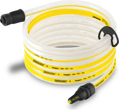 A coiled white hose with yellow stripes and black connectors.