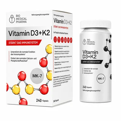 Produktbild von Vitamin D3 K2 Hochdosiert 5000 IE – 240 Softgel Kapseln – K2 MK-7 All-Trans 100µg – Mit Leinöl für bessere Aufnahme – Für Immunsystem, Knochen