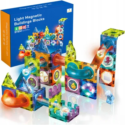 Immagine prodotto di Costruzioni magnetiche 75 pezzi con pista per biglie luminosa – mattoncini magnetici LED, gioco di costruzione 3D per bambini dai 3 anni