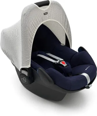 Produktbild von Original Dooky Hoody Sonnenschutz Sonnenverdeck für Babyschalen oder Kinderwagen (Design: Linea, inkl. UV-Schutz 40+, Altersgruppe 0+, Universal geeignet für die meisten Marken) Schwarz-Weiß Gestreift