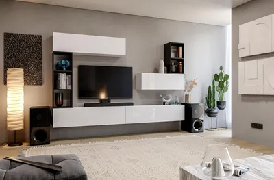 Produktbild von Wohnwand Set mit 6 Schränken, Weiß Hochglanz, Schwarz, modern für das Wohnzimmer, 280 x 175 cm