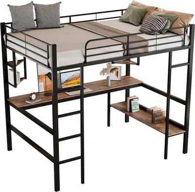 Produktbild von Metallbett,140x200cm Bettgestell,Eisenbett,Hochbett,kinderbett,mit Schreibtisch,vier kleinen Regalen und einem großen Bücherregal
