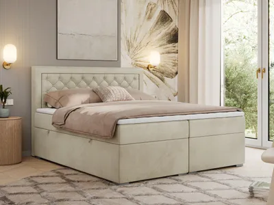 Produktbild von MKS MEBLE Boxspringbett 200x200 mit Bettkasten, Polsterbett 200x200 mit Matratze H4 Topper, Boxspringbett 200x200, Polsterbett 200x200, Bett 200x200 mit Kopfteil - Beige Velvet - H4 - JASIR