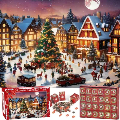 Productafbeelding van Kerstpuzzel adventskalender - 1008 stukken - 70 x 50 cm - 24 genummerde dozen - Kerst countdown kalender puzzel