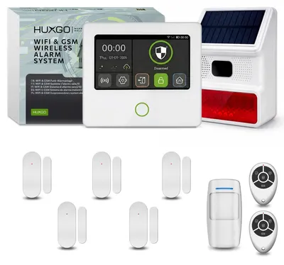 Image de Kit d'alarme HUXGO Wi-Fi GSM 4G avec sirène solaire, 1 détecteur de mouvement et 5 capteurs de porte