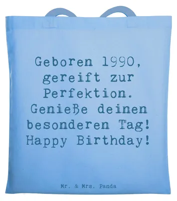 Produktbild von Mr. & Mrs. Panda Tote Bag Spruch 1990 Geburtstag - Sky Blue - Geschenk, Geburtsjahr, Baumwolltasche, Alter, Shopping Tasche, Glückwunsch, Perfektion, Happy Birthday