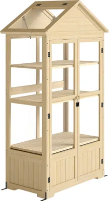 Zdjęcie produktu dla Drewniana szklarnia Outsunny z zamykaną obudową, 4 poziomami, świetlikiem, podwójną obudową i drzwiami, do ogrodu, na balkon, naturalna, 100 x 56,5 x 178 cm