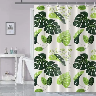 Obrázek produktu pro Ibenzoa® sprchový závěs (PEVA), vodotěsný a odolný proti plísním, 180 x 200 cm, tmavě zelený vzor rostlin, nastavitelné háčky