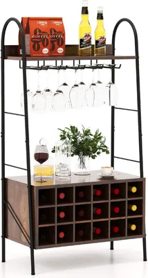 Produktbild von GOPLUS Weinregal 115cm für 18 Weinflaschen, Flaschenregal mit Glashaltern & abnehmbarem Weinregal für Wohnzimmer & Küche, Vintagebraun