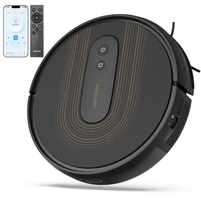 A black robot vacuum cleaner is shown from a slightly elevated diagonal angle, with a smartphone and remote control in the upper left corner.
