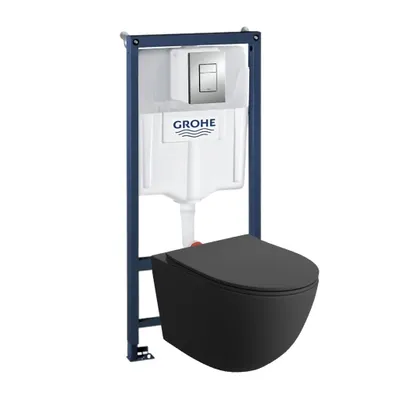 Produktbild von LAVITA Wand Hänge WC Sinto Schwarz Spülrandlos + WC-Sitz SoftClose | Matt Verchromter Knopf | Komplettset | Unterputz Spülkasten | Toilette Komplett Sett |