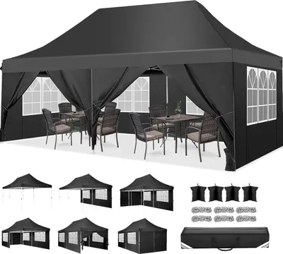 Image de Pavillon pop-up, imperméable, parois amovibles, noir, 3 x 6 m