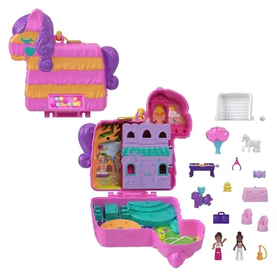 Produktbild von Mattel HKV32 - Polly Pocket - Piñata-Party Schatulle, Pferde-Piñata, Glitzerfenster, 2 Puppen, 5 Spielelemente, 13 Accessoires