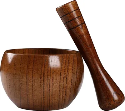 Produktbild von Mörser und Stößel aus Holz, ideal zum manuellen Pressen von Ingwer, Gewürzen und Knoblauch (auch für Jujubenmedizin geeignet).