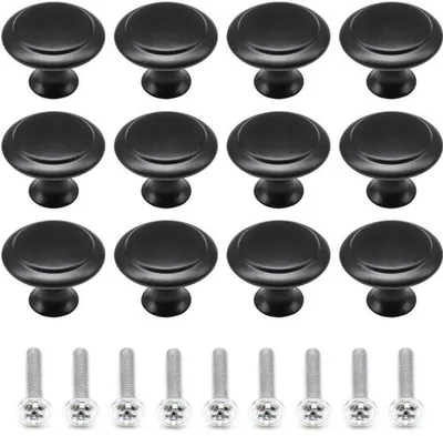 Obrázek produktu pro Sada 12 černých, kulatých úchytek Unyqoos® – průměr 27 mm, slitina kovů, vhodné pro skříně, zásuvky a dveře nábytku