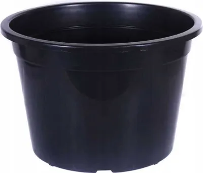 A black plastic pot on a white background.