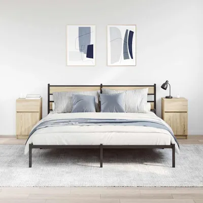 A bedroom scene with a bed, nightstands, and artwork.