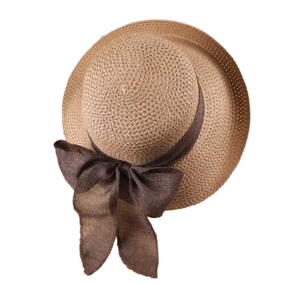 Produktbild von Strohhut mit Schleifendekor, rund, kuppelförmig, einfarbig, faltbar, große Krempe, Sonnenschutz, Reisehut, modisches Accessoire, Khaki