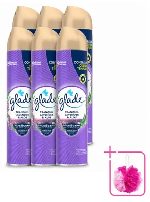 Imagen del producto de 6 aerosoles ambientadores Glade, aroma lavanda y aloe, 300 ml, pack ahorro, 6 unidades