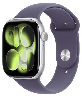 Produktbild von Apple Watch Series 11 GPS 46mm Silber Aluminium Case mit Purpurne Nebel Sportarmband - M/L