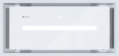 A white range hood is mounted in a white ceiling recess. The hood has a glass panel with a LED light strip in the center and touch controls at the top. The brand logo 'GLOBALO' is visible on the top left.