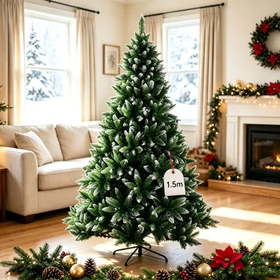 Produktbild von 1,5M Künstlicher Weihnachtsbaum,Tannenbaum mit Schnee-Effekt und Metall Ständer,Wiederverwendbar für Weihnachtsdekoration für Zuhause/Büro/Geschäft