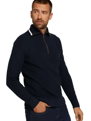 Produktbild von 33155 TomTailor, modern Troyer, Herren Troyer Pullover Pulli Mock Zip, mittlerer Glattstrick, marineblau, XL