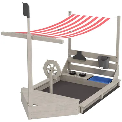 Productafbeelding van Outsunny zandbak, schipmodel, hout, met keukenspeelset en afdekking