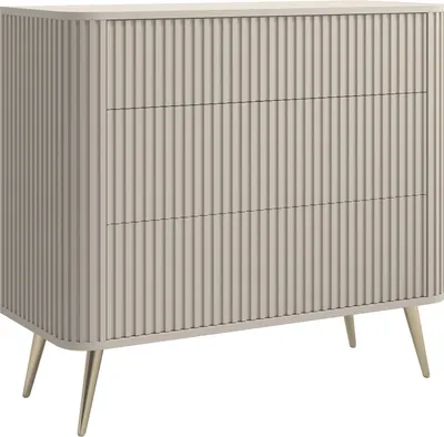 A three-drawer chest of drawers with a ribbed front and tapered metal legs, set against a white background.