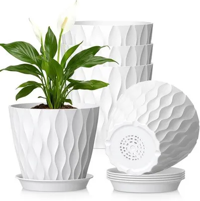 Image de Lot de 5 pots à fleurs blancs de 18 cm | Pots à fleurs en plastique avec trous de drainage et soucoupes | Pour les plantes d'intérieur et d'extérieur