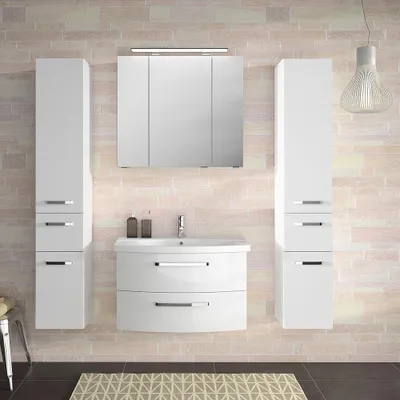 Produktbild von Badmöbel Set in Hochglanz weiß FES-4010-60 mit 80cm Keramik-Waschtisch, Spiegelschrank & 2 Hochschränken, B/H/T: 174/200/46cm