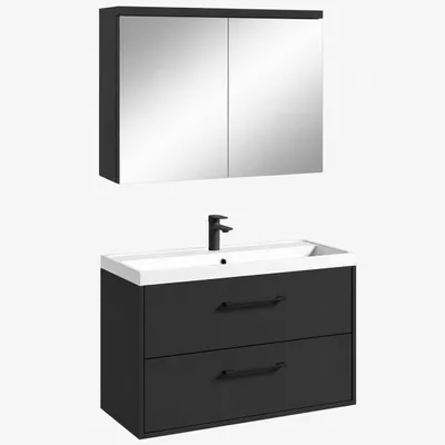 Image de Badplaats Meuble de Salle de Bain Florence 80 x 40 cm - Noir Mat - avec Vasque et Armoire de Toilette