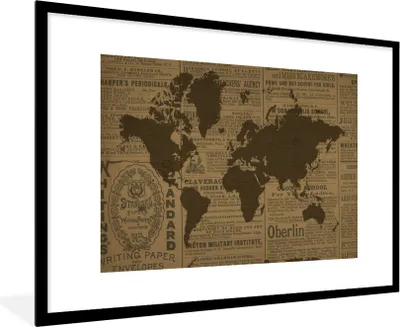 Produktbild von MuchoWow® MuchoWow® Gerahmtes Poster Weltkarte - Braun - Zeitungspapier 90x60 cm - Poster mit zchwarzem Bilderrahmen - Wanddekoration - Fotos
