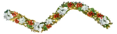 Produktbild von 180 cm lange künstliche Weihnachtsgirlande mit Lichtern, simulierten Stechpalmenblüten, roten Beeren und Kugeln aus künstlichem Rattan. Geeignet für Kaminsims, Veranda und als Dekoration für drinnen und draußen.