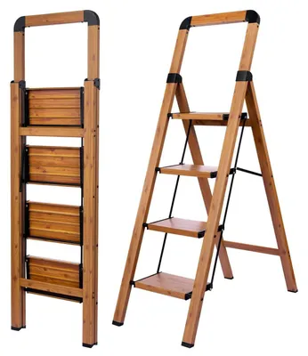 Immagine prodotto di Scala a treppiede in alluminio, 4 gradini, effetto legno, pieghevole, portata 150 kg, antiscivolo, stabile, portatile