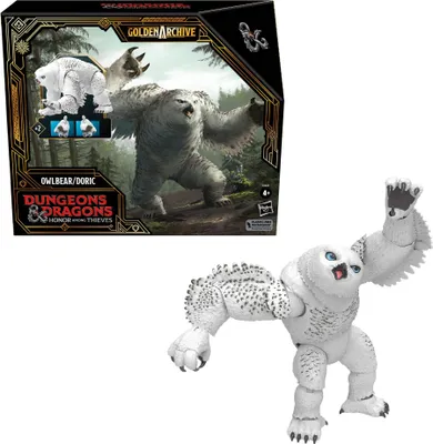 A Dungeons & Dragons Owlbear/Doric action figure is shown in its packaging, alongside the figure itself.